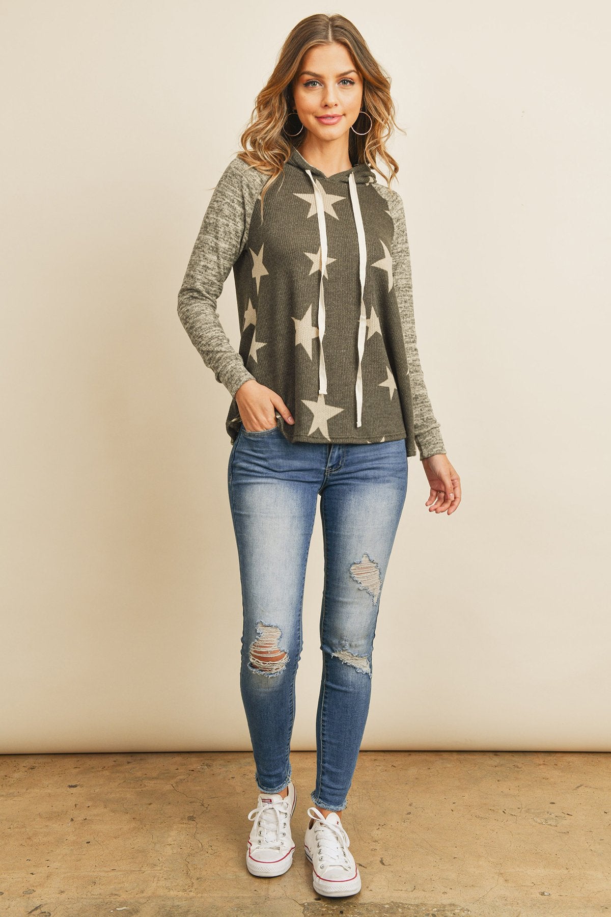 Star Print Brushed Hacci Hoodie with Ribbed Sleeve Detail and Drawstring