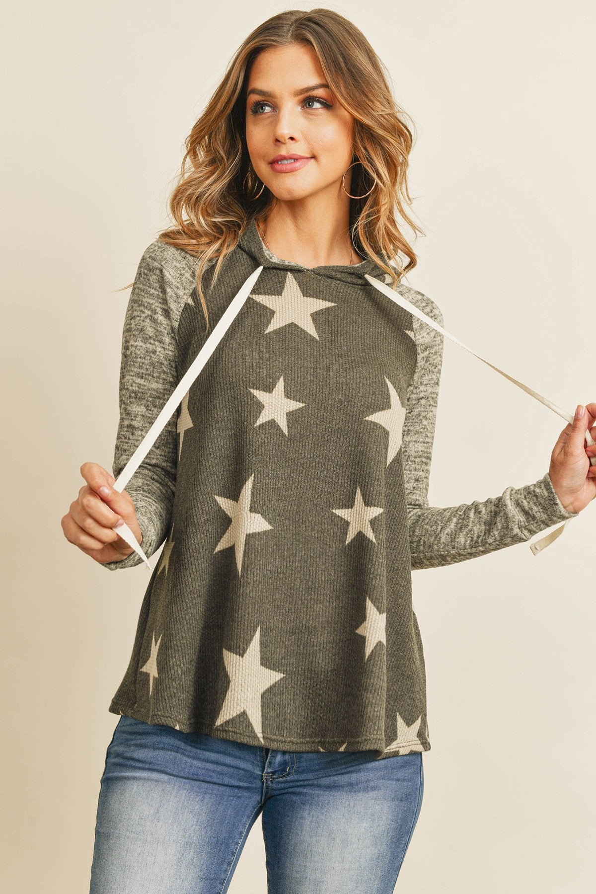 Star Print Brushed Hacci Hoodie with Ribbed Sleeve Detail and Drawstring