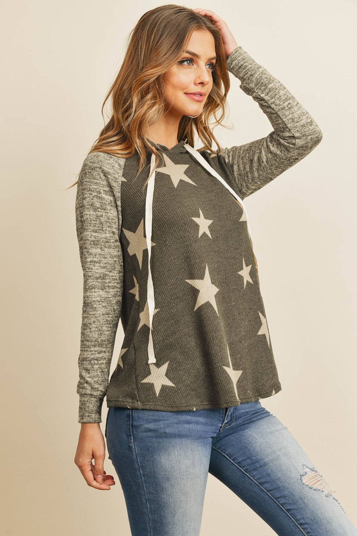 Star Print Brushed Hacci Hoodie with Ribbed Sleeve Detail and Drawstring