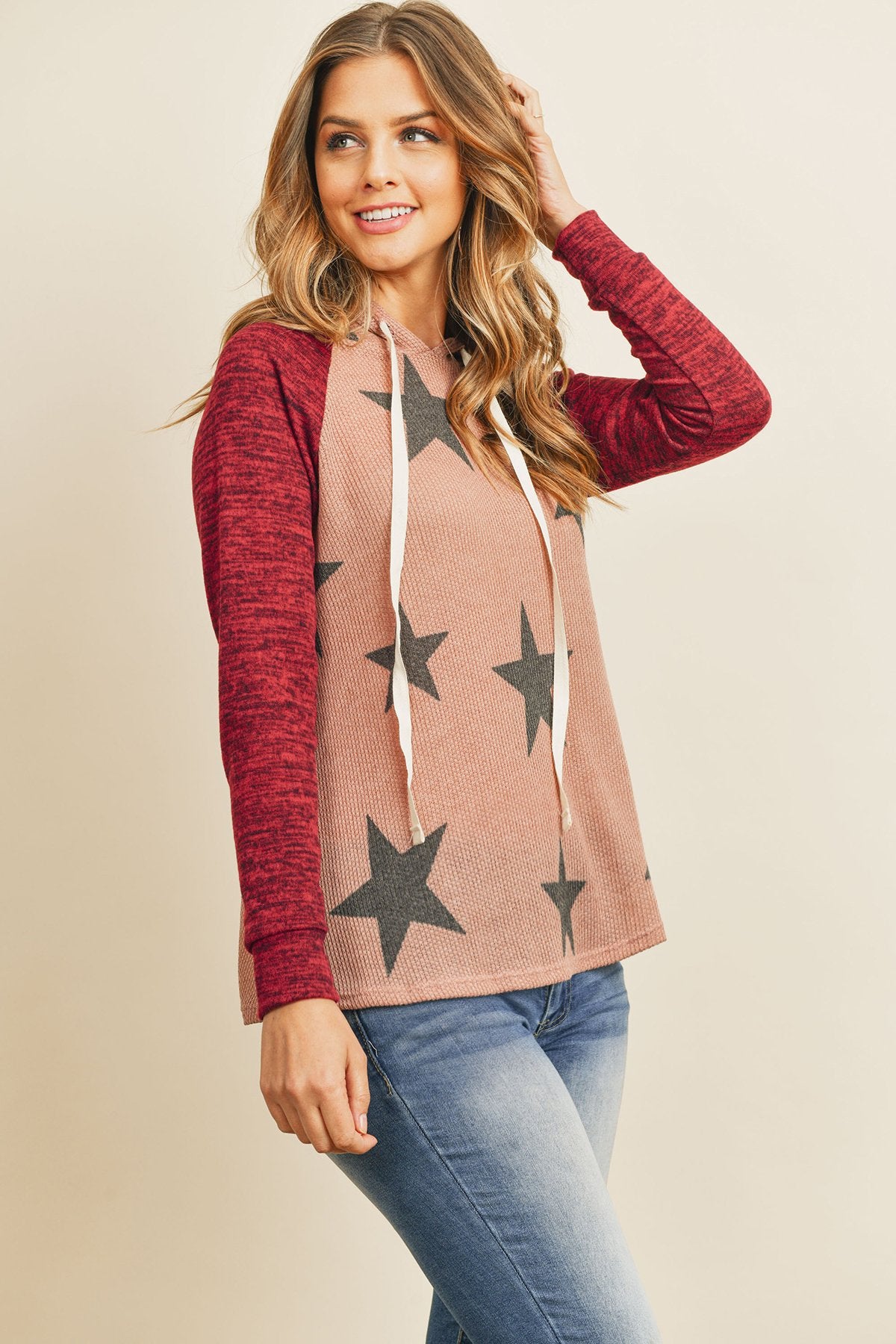 Star Print Brushed Hacci Hoodie with Ribbed Sleeve Detail and Drawstring
