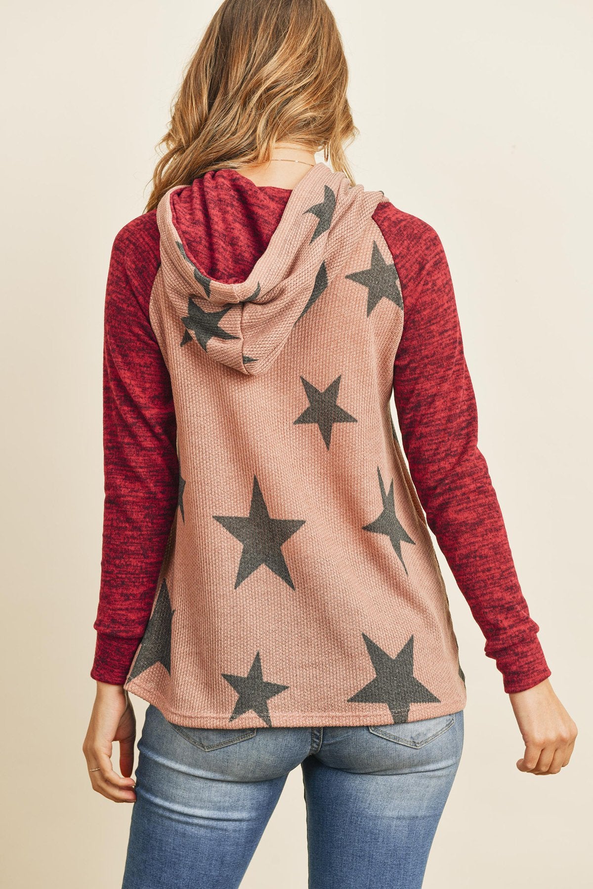 Star Print Brushed Hacci Hoodie with Ribbed Sleeve Detail and Drawstring