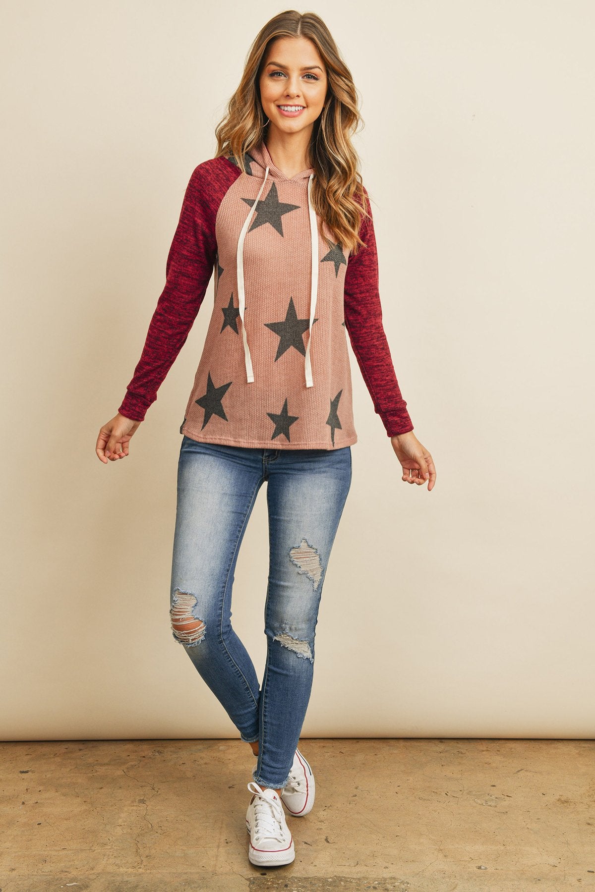 Star Print Brushed Hacci Hoodie with Ribbed Sleeve Detail and Drawstring