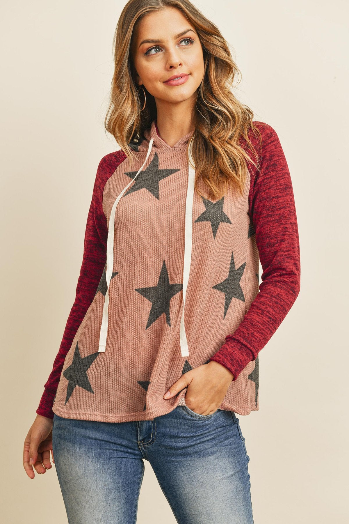 Star Print Brushed Hacci Hoodie with Ribbed Sleeve Detail and Drawstring