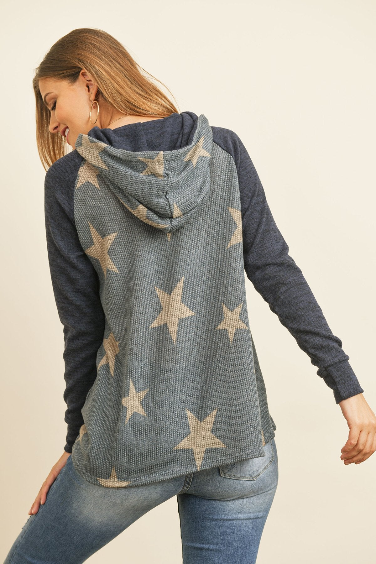 Star Print Brushed Hacci Hoodie with Ribbed Sleeve Detail and Drawstring
