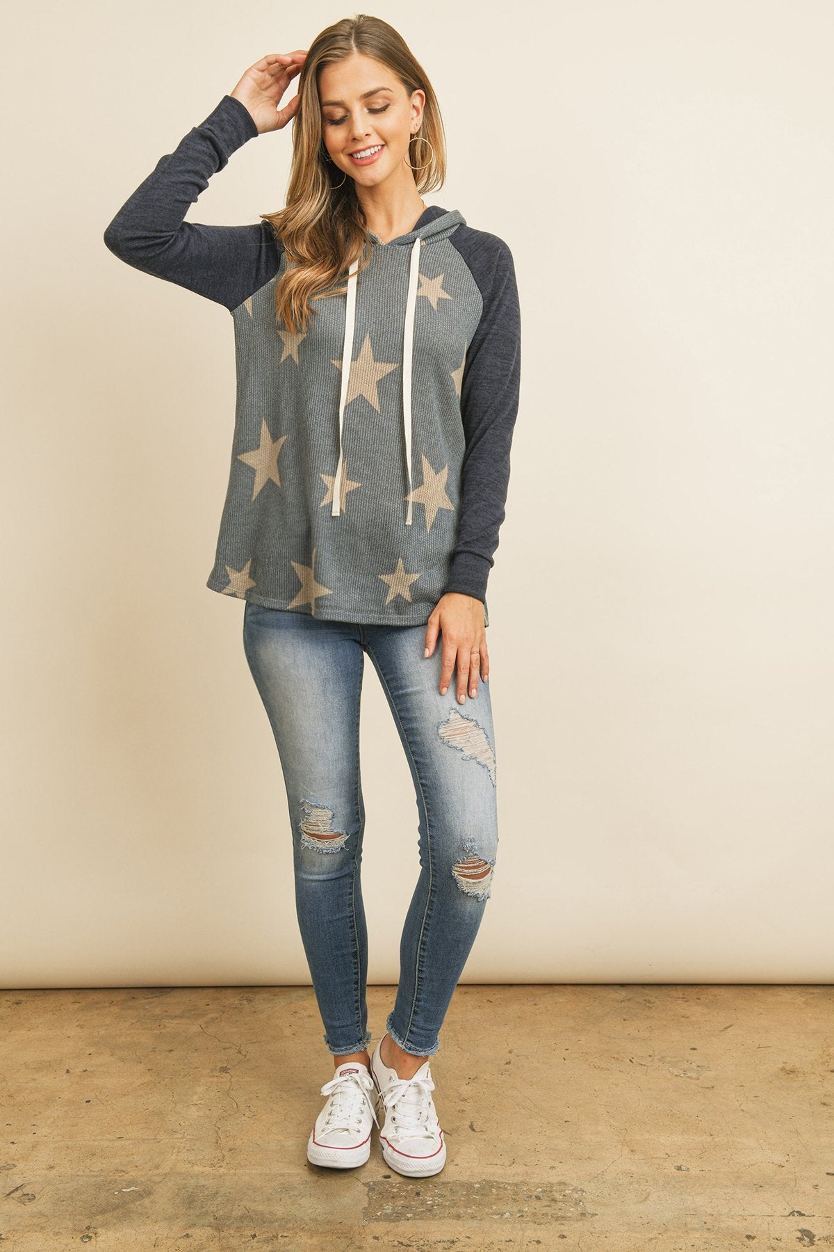 Star Print Brushed Hacci Hoodie with Ribbed Sleeve Detail and Drawstring