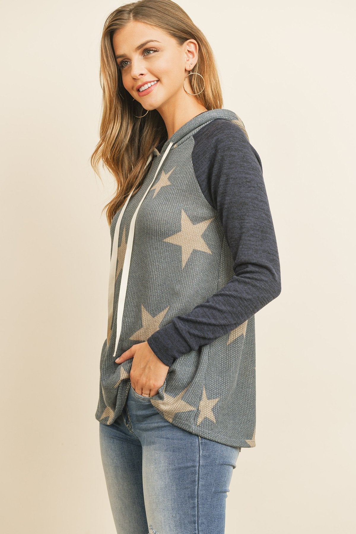 Star Print Brushed Hacci Hoodie with Ribbed Sleeve Detail and Drawstring