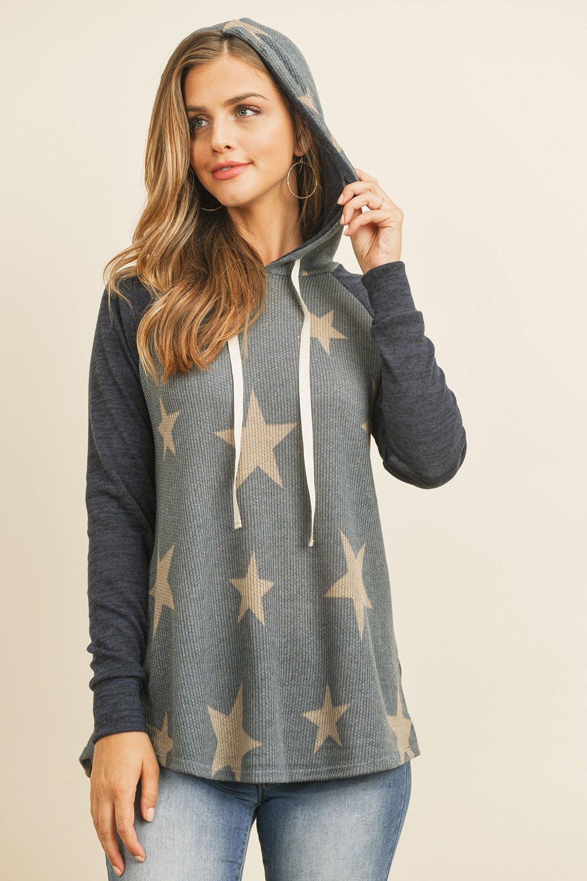 Star Print Brushed Hacci Hoodie with Ribbed Sleeve Detail and Drawstring