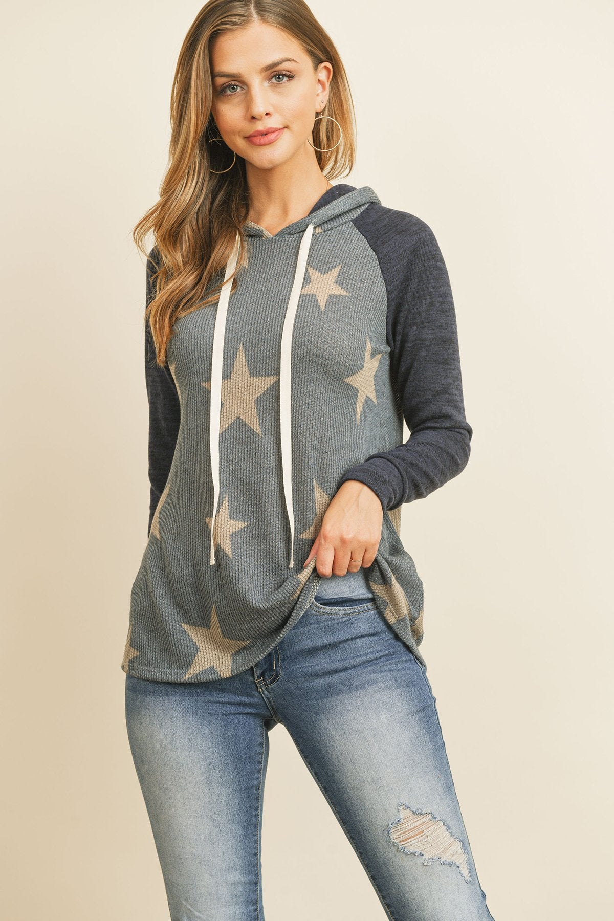 Star Print Brushed Hacci Hoodie with Ribbed Sleeve Detail and Drawstring