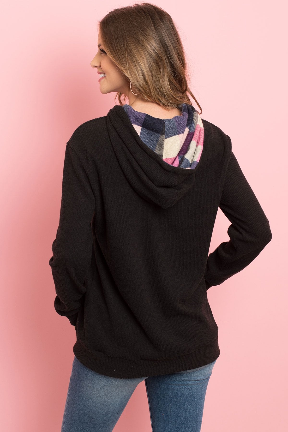 Plaid Hacci Brushed Hoodie Featuring Kangaroo Pocket