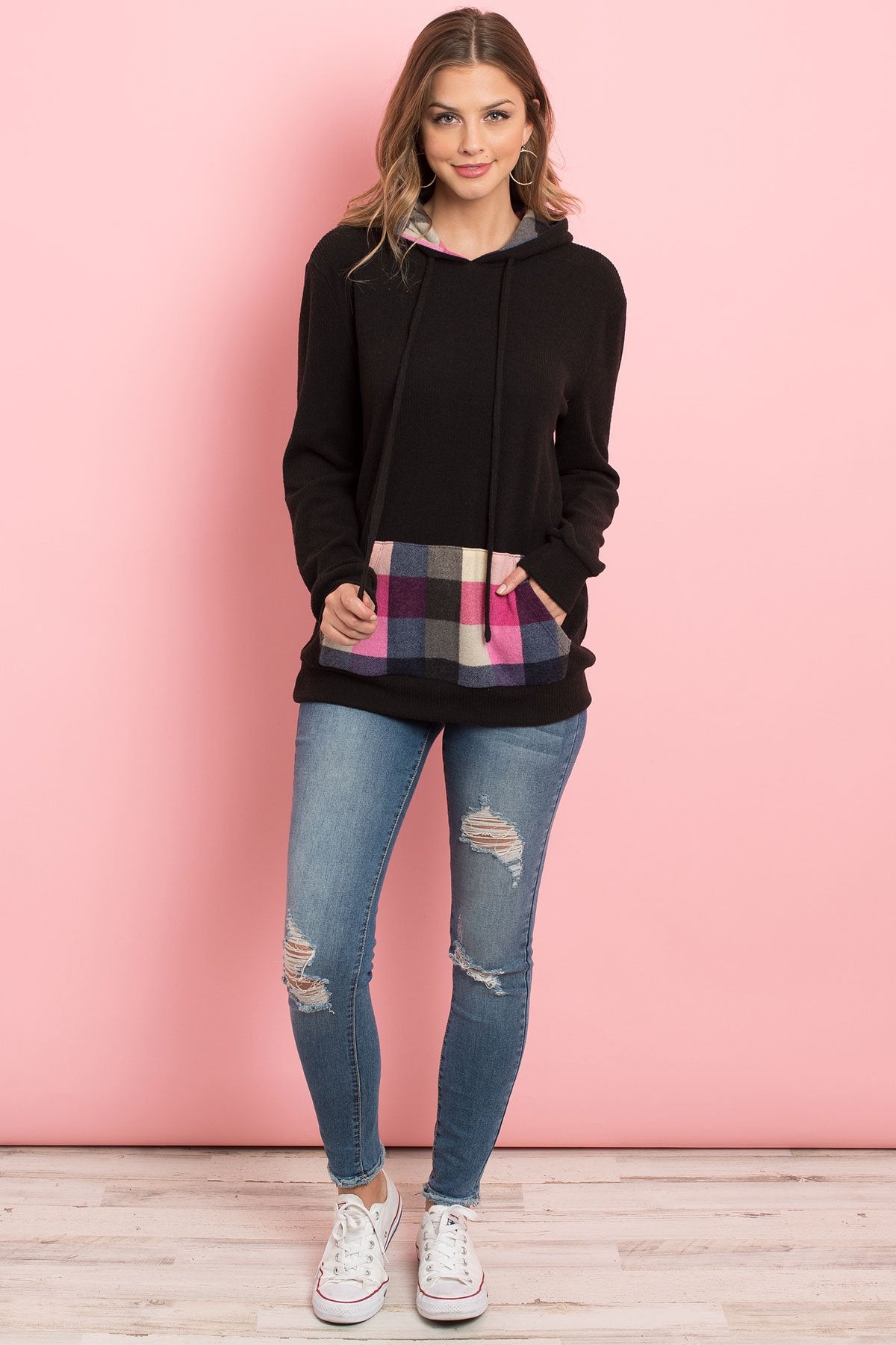 Plaid Hacci Brushed Hoodie Featuring Kangaroo Pocket