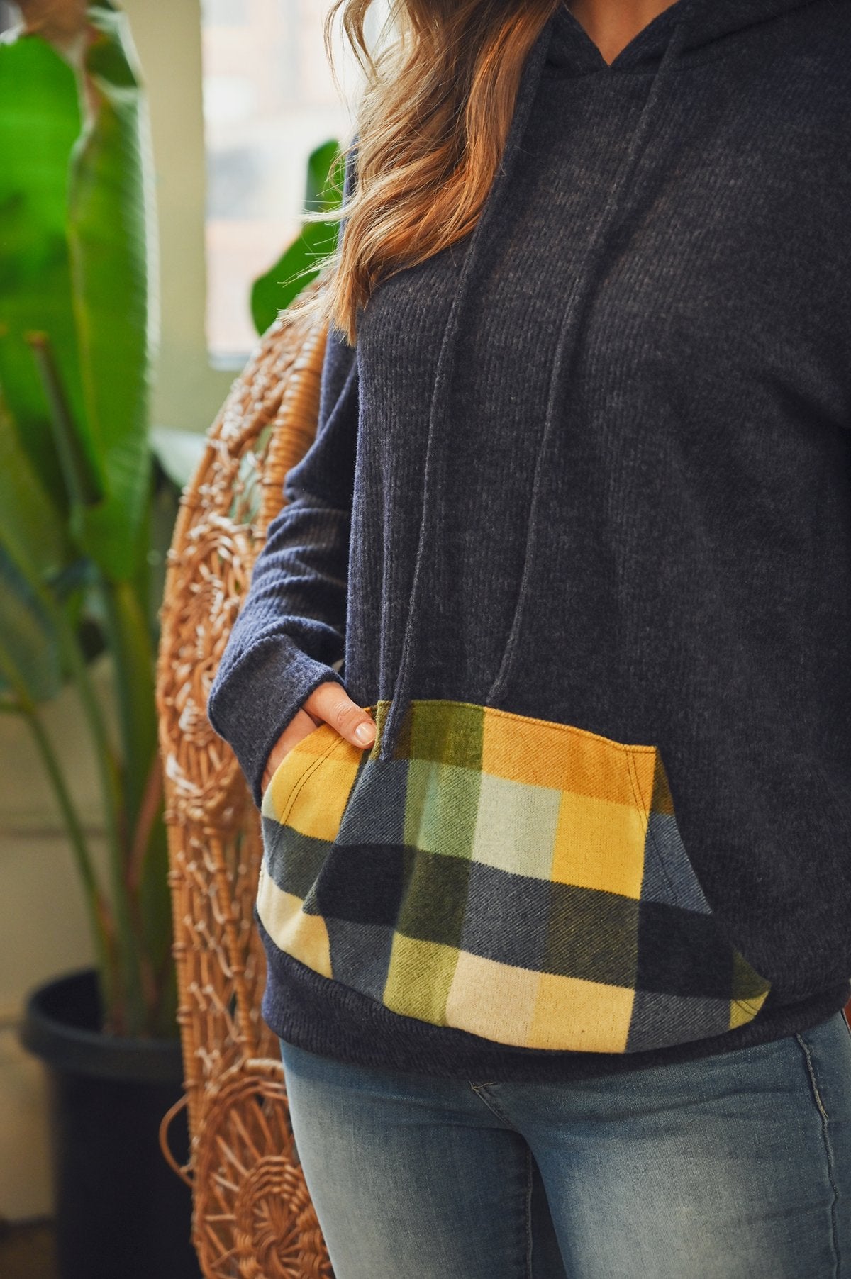 Plaid Hacci Brushed Hoodie Featuring Kangaroo Pocket