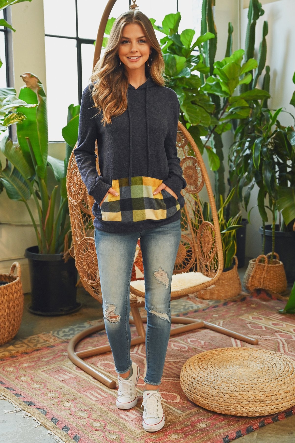 Plaid Hacci Brushed Hoodie Featuring Kangaroo Pocket