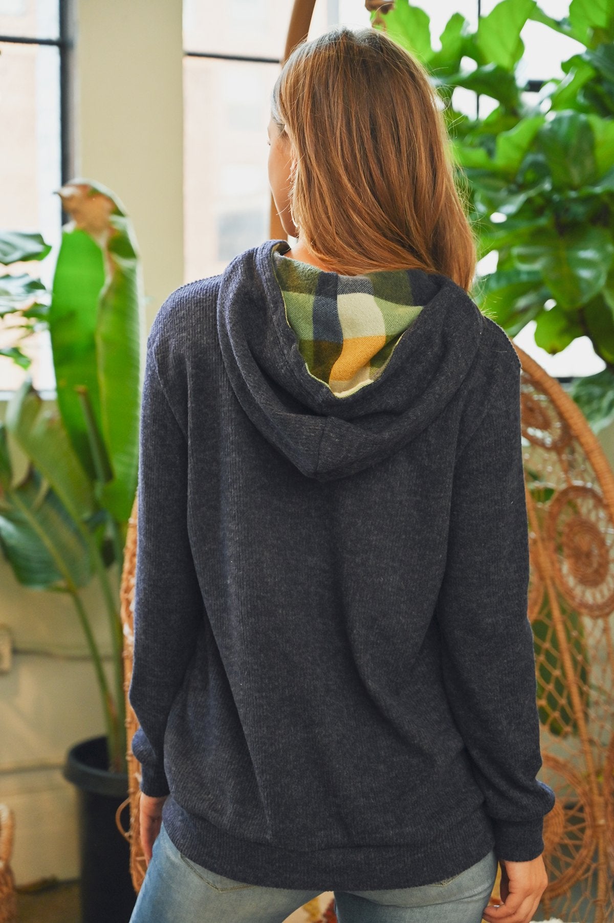 Plaid Hacci Brushed Hoodie Featuring Kangaroo Pocket