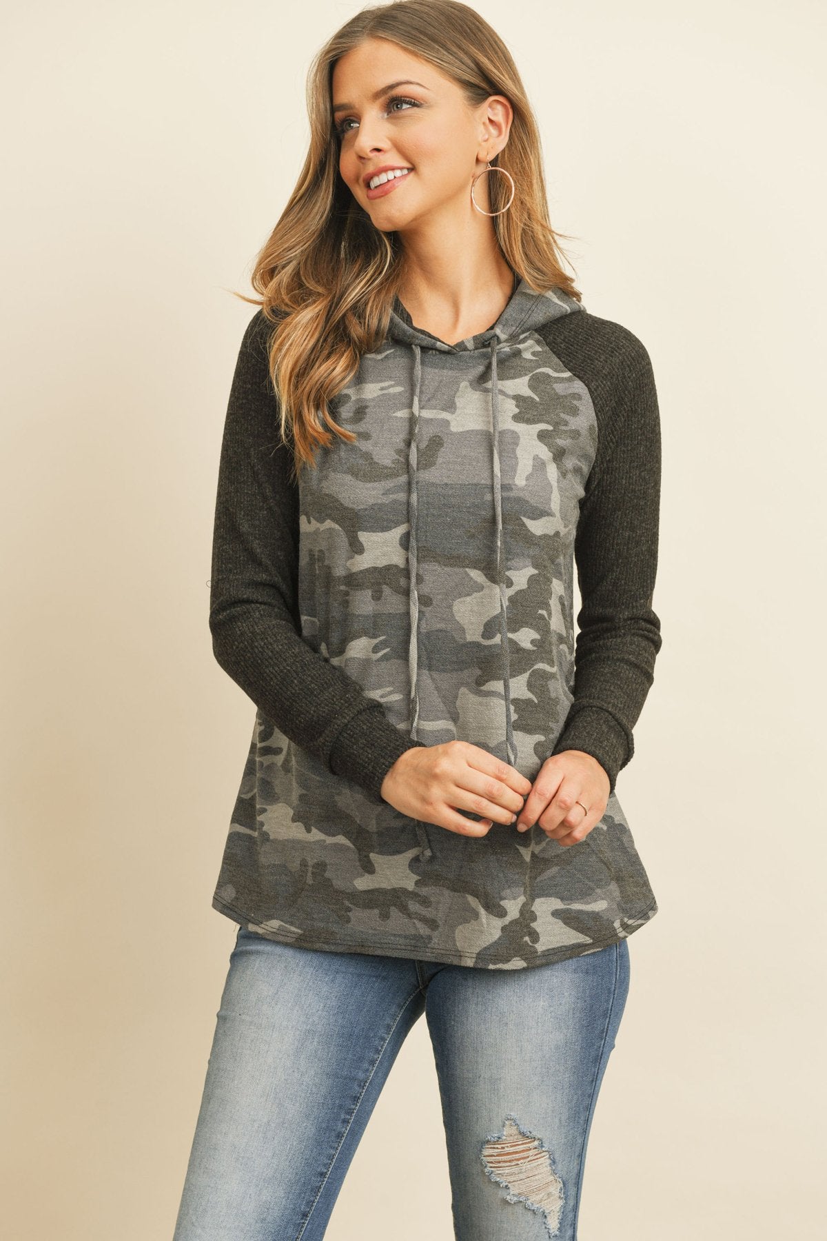 Self-Tie Ribbed Sleeve Camouflage Hoodie in Brushed Hacci Fabric