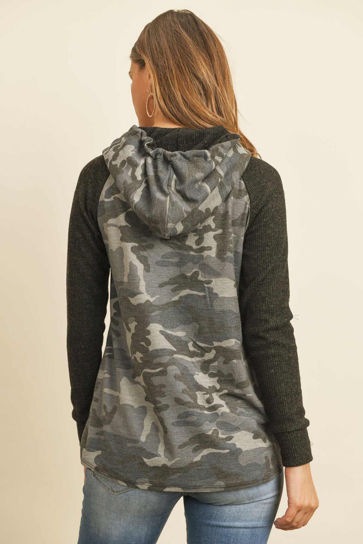 Self-Tie Ribbed Sleeve Camouflage Hoodie in Brushed Hacci Fabric