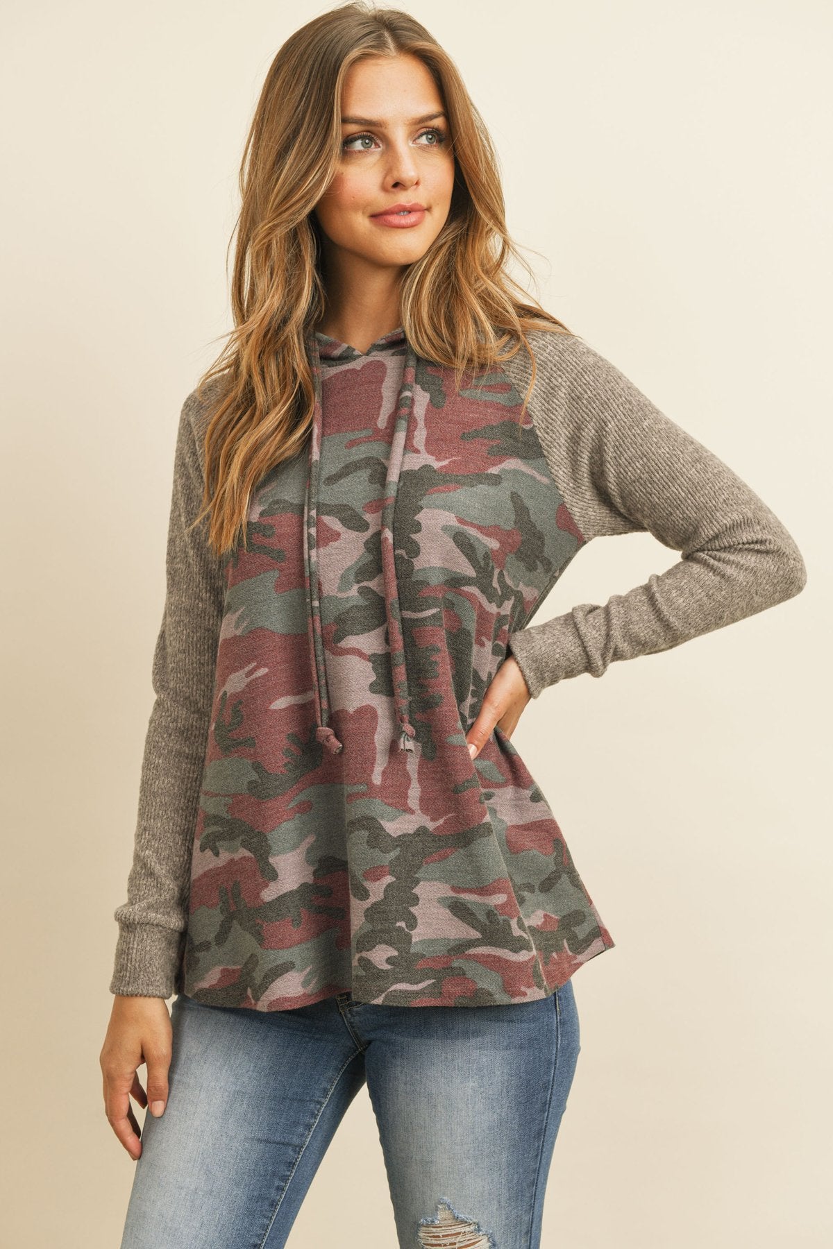 Self-Tie Ribbed Sleeve Camouflage Hoodie in Brushed Hacci Fabric