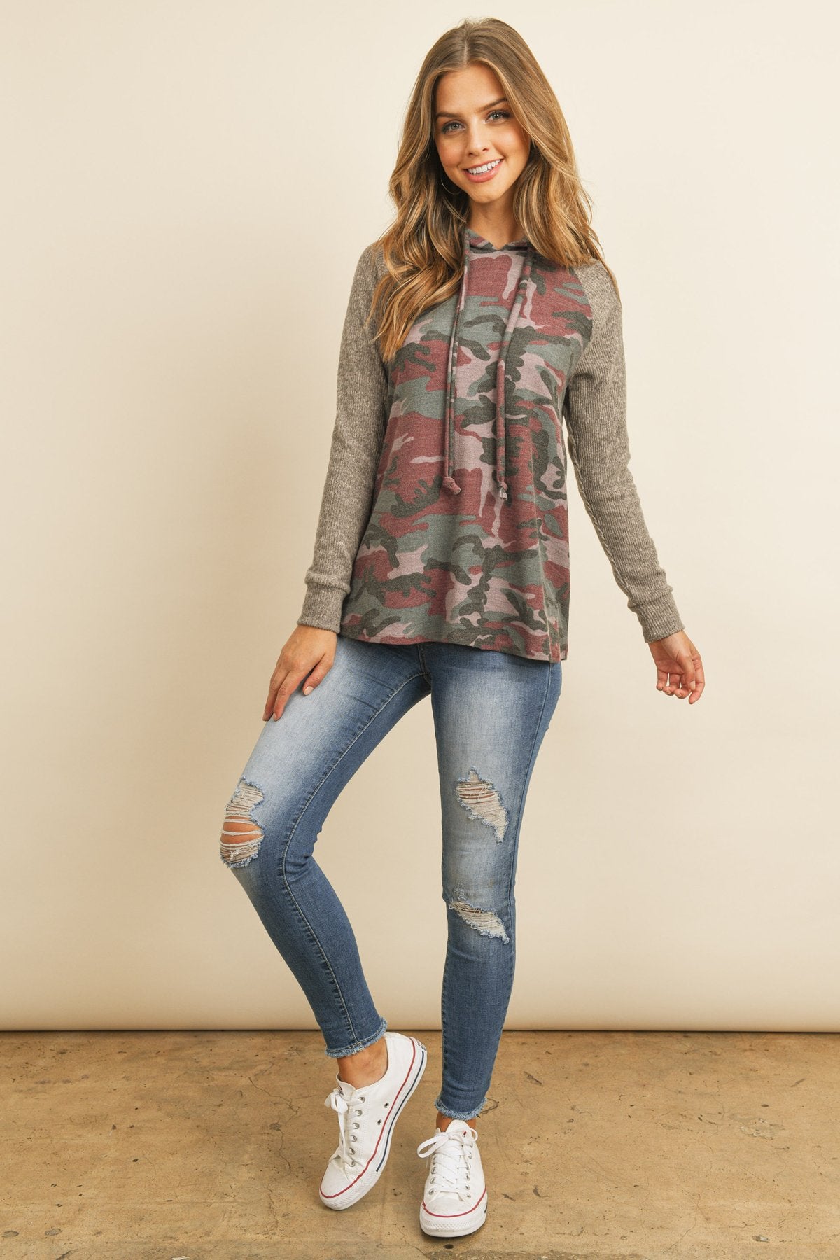 Self-Tie Ribbed Sleeve Camouflage Hoodie in Brushed Hacci Fabric