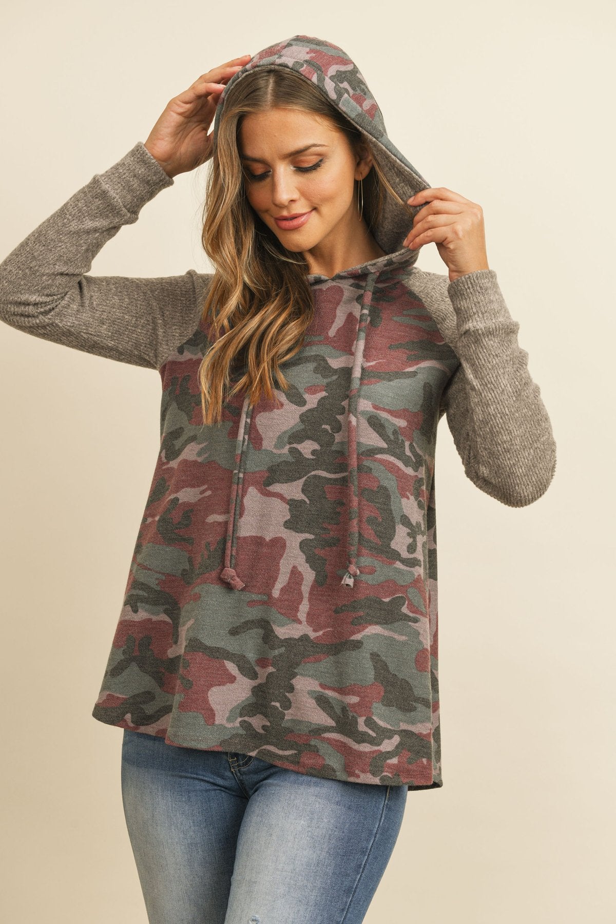 Self-Tie Ribbed Sleeve Camouflage Hoodie in Brushed Hacci Fabric