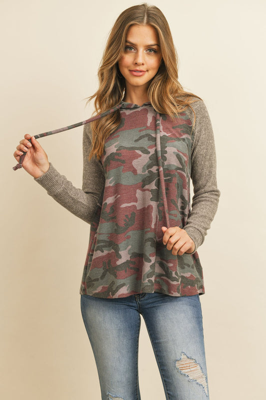 Self-Tie Ribbed Sleeve Camouflage Hoodie in Brushed Hacci Fabric
