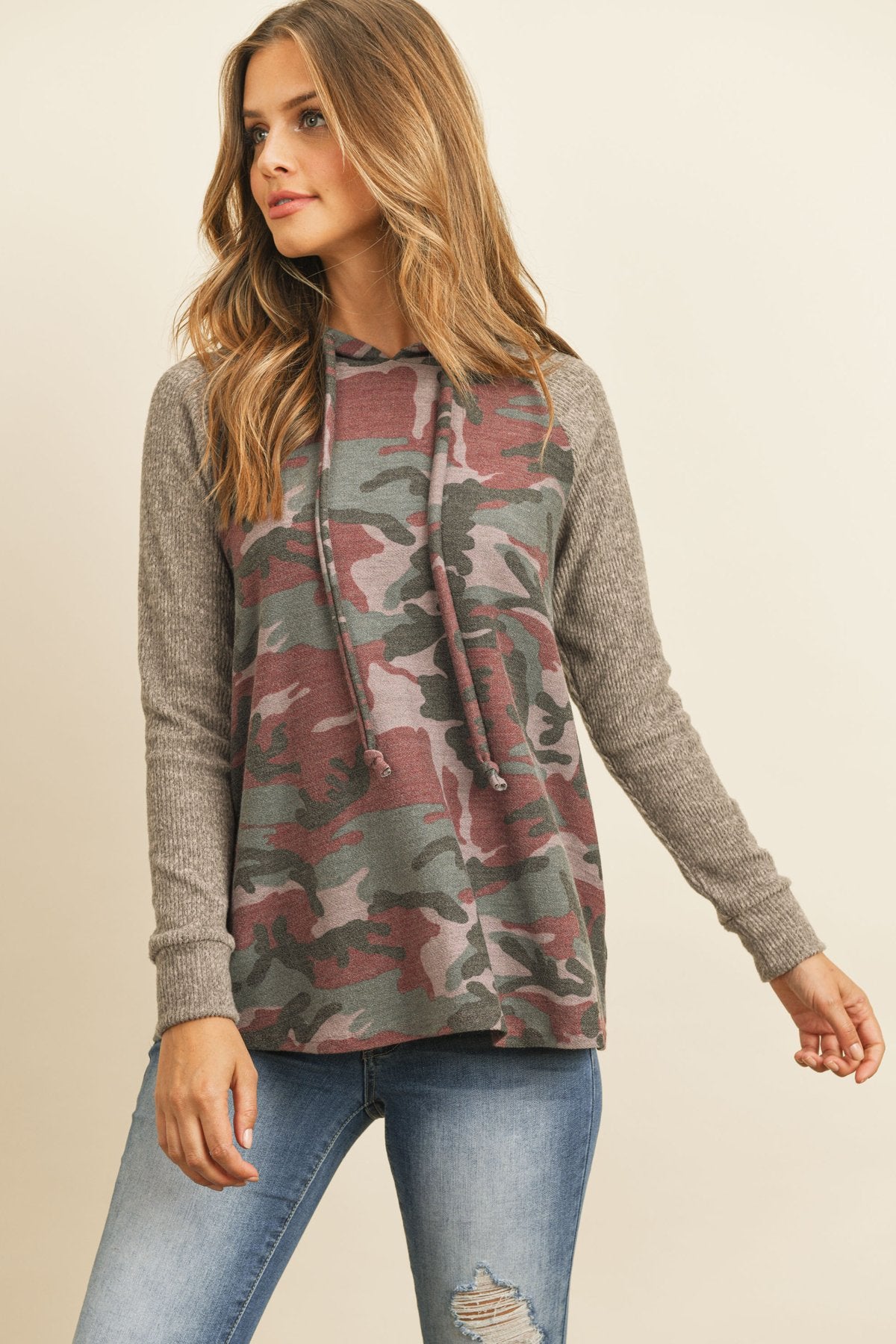 Self-Tie Ribbed Sleeve Camouflage Hoodie in Brushed Hacci Fabric