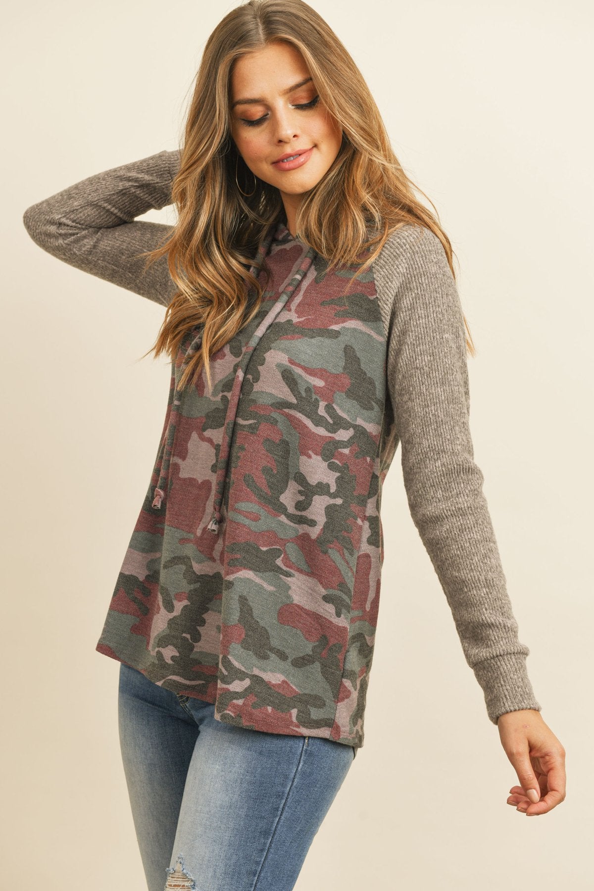 Self-Tie Ribbed Sleeve Camouflage Hoodie in Brushed Hacci Fabric