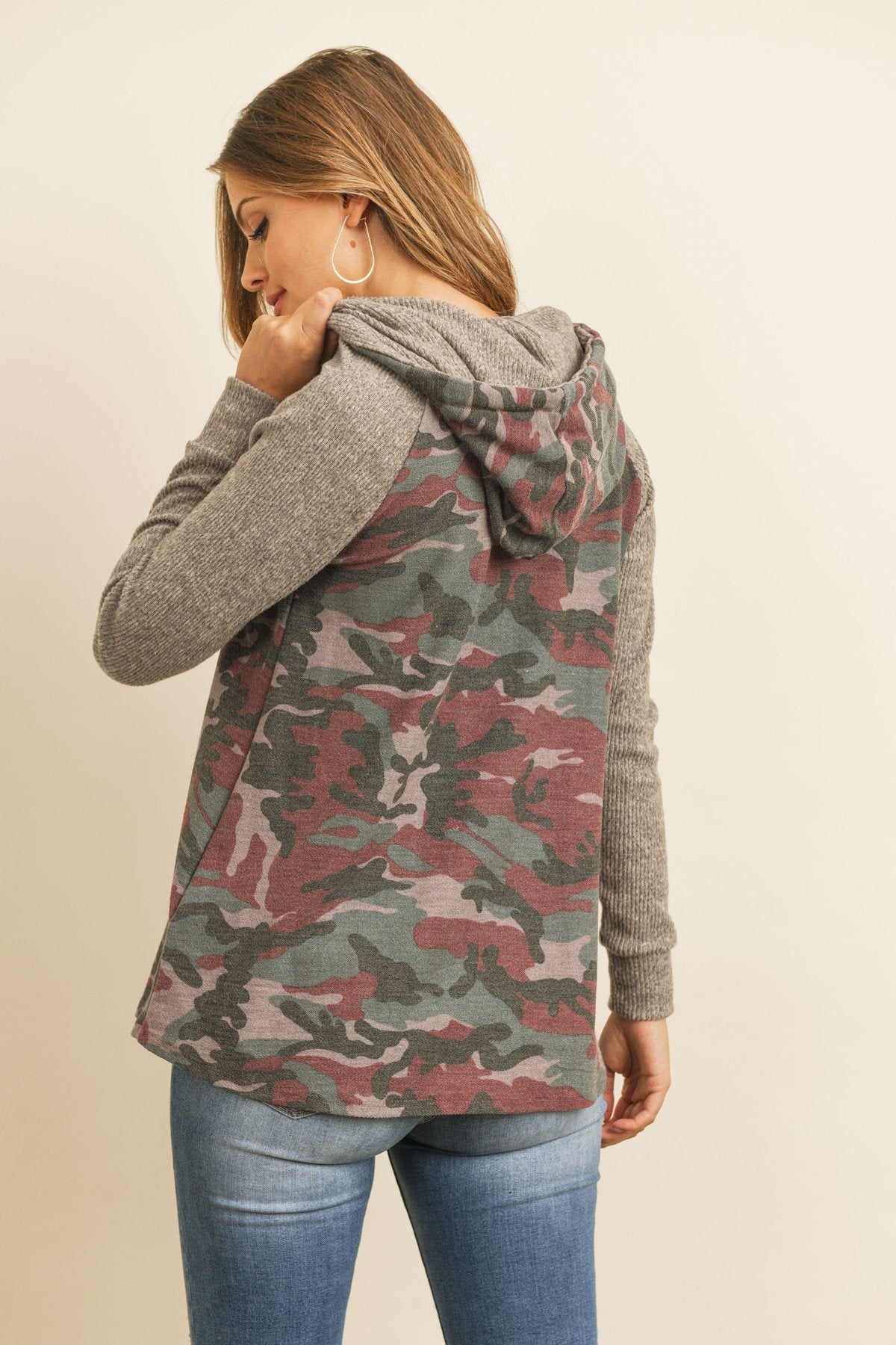 Self-Tie Ribbed Sleeve Camouflage Hoodie in Brushed Hacci Fabric