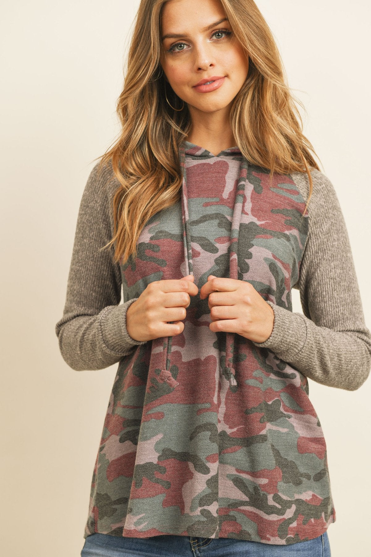 Self-Tie Ribbed Sleeve Camouflage Hoodie in Brushed Hacci Fabric