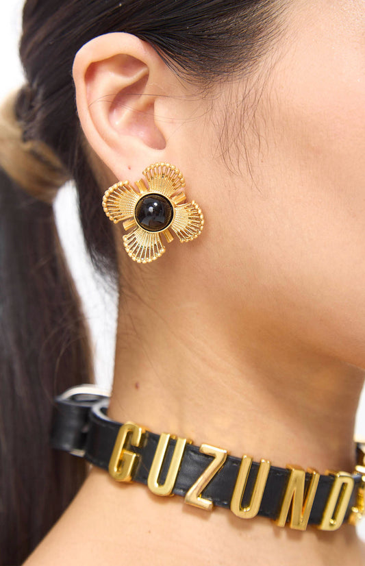 Zeera Black Agate Floral Clip-On Earrings in Gold