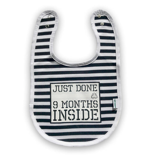 Just Done 9 Months Inside®” Funny Newborn Bib – Unisex Baby Shower