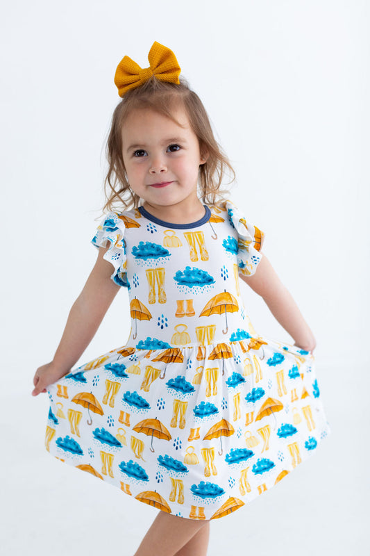 Rainy Days Flutter Sleeve Twirl Dress